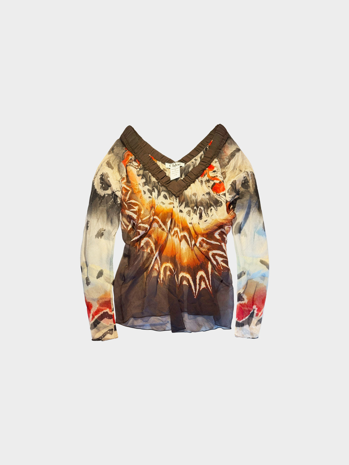 Chloé 2000s Multicolor Sheer Abstract Print Long Sleeved Top