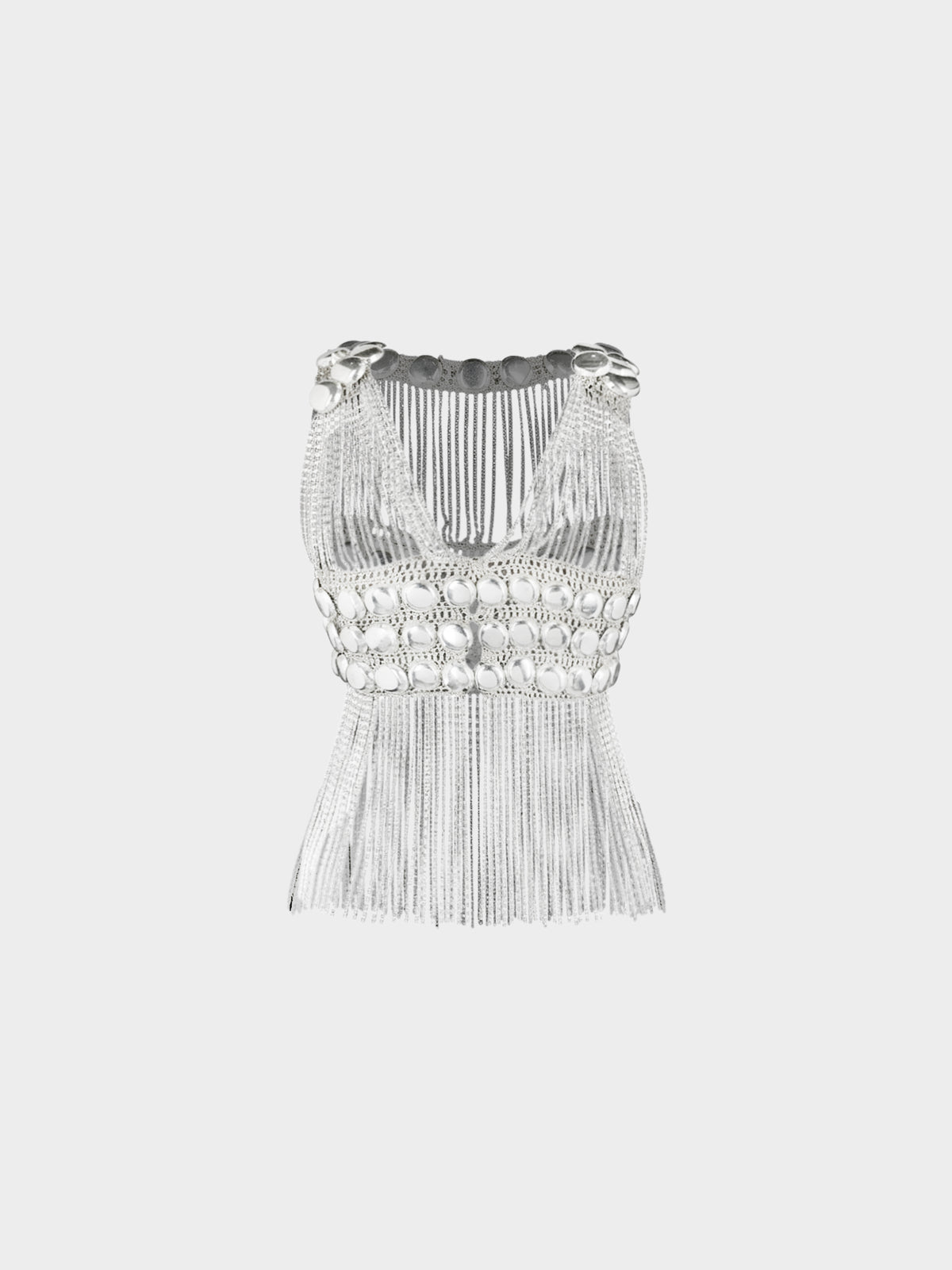 Loris Azzaro 1970s Silver Lurex Knit Chain Link Fringe Top