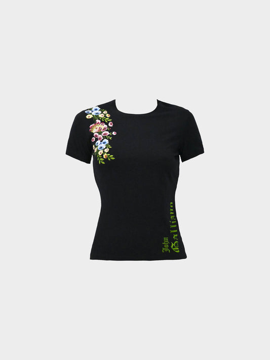 John Galliano 2003 Black Floral and Logo Embroidered Shirt