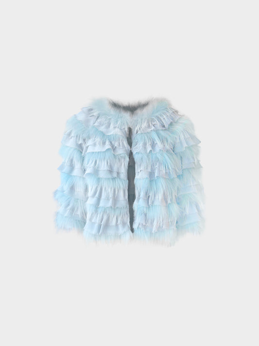 Valentino 2010s Blue Fur Tiered Ruffled Jacket