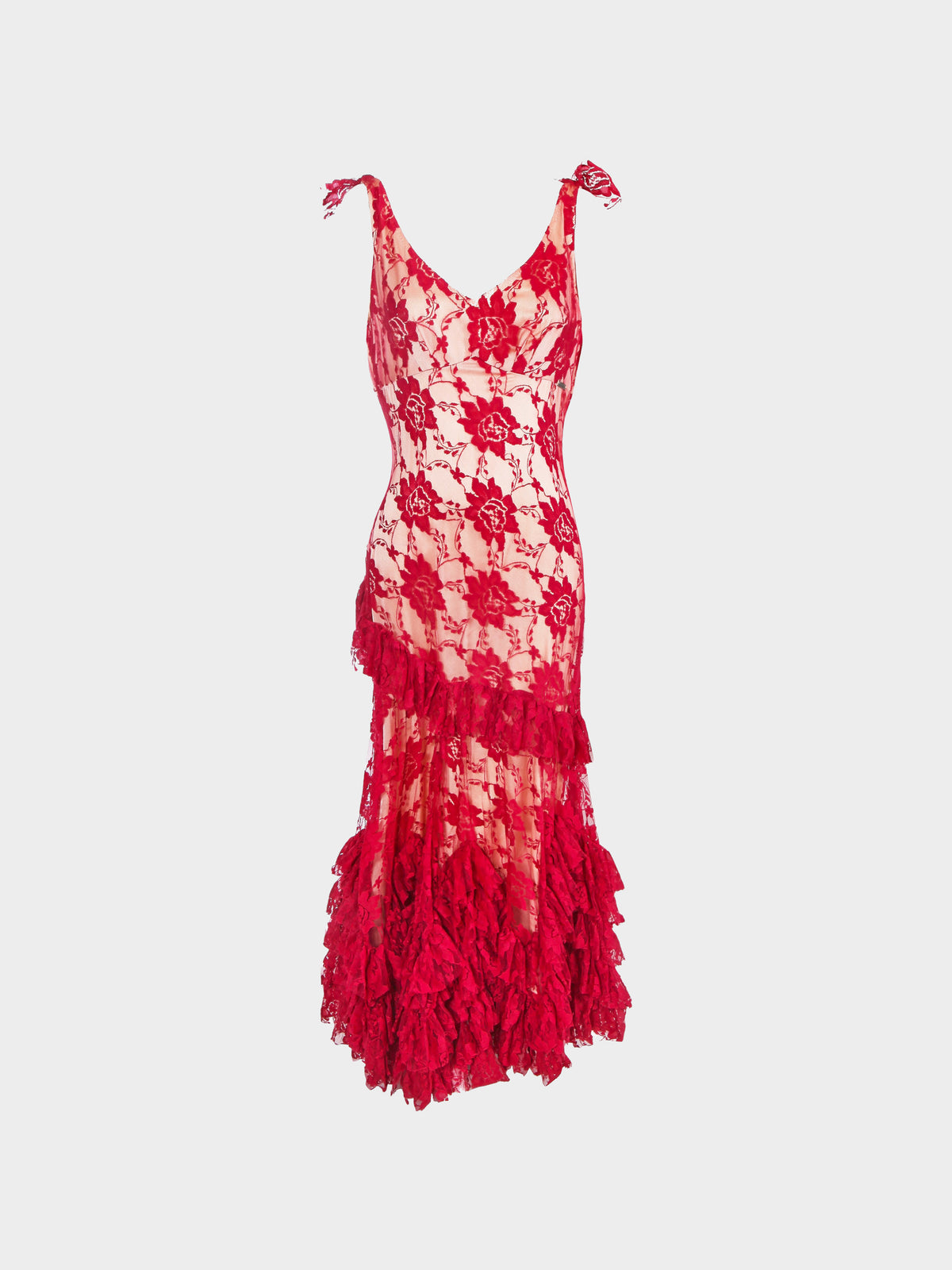 John Galliano 2000s Red Lace Ruffled Evening Gown