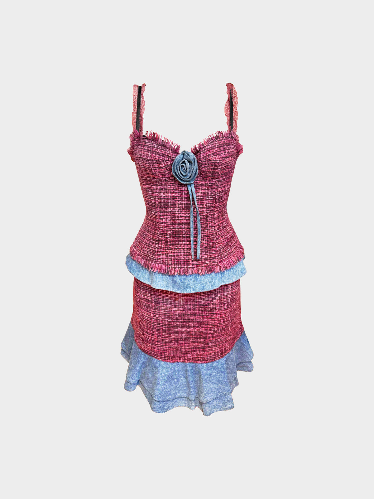 Dolce and Gabbana 2000s Burgundy and Denim Trim Tweed Top and Skirt Set