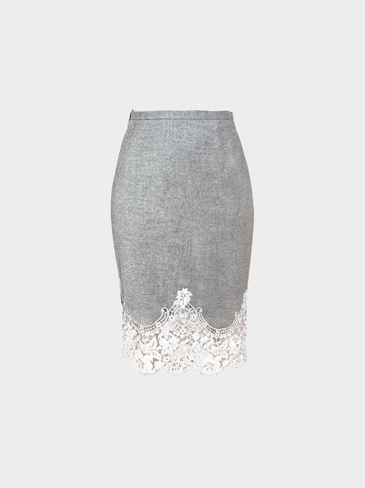 Escada 2000s Grey Wool and Lace Pencil Skirt