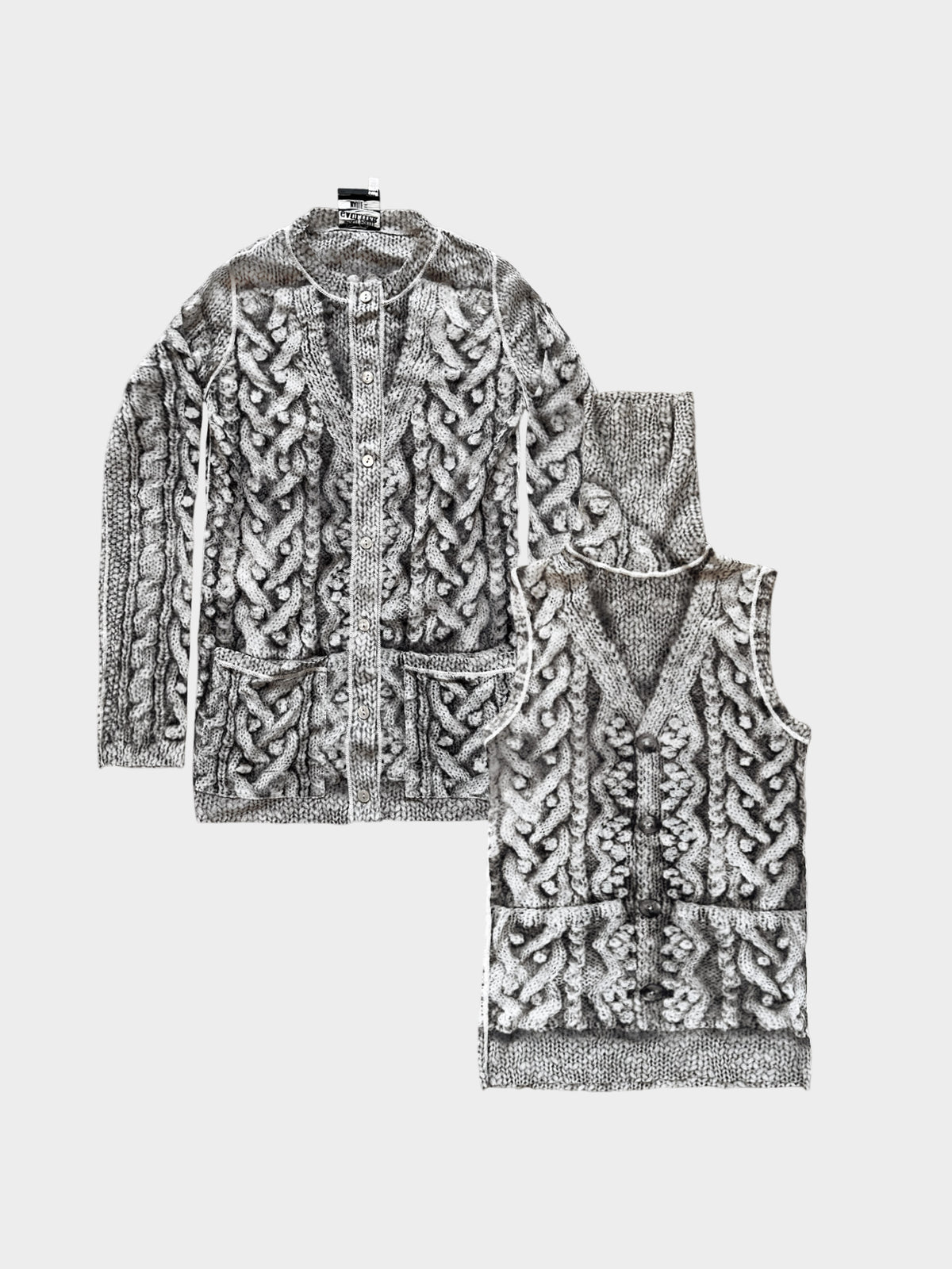 Jean Paul Gaultier 2000s Illusion Cable Knit Printed Mesh High Neck Top and Cardigan Set