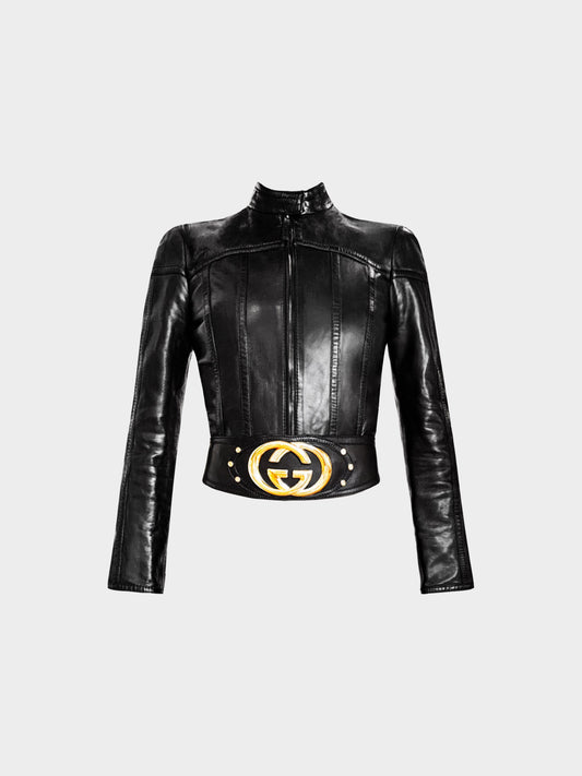 Gucci FW 2006 Black Leather GG Belted Jacket