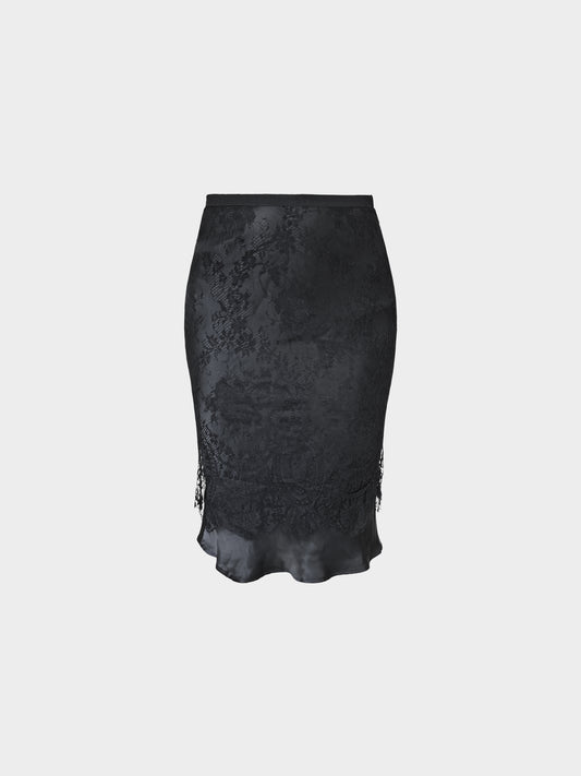 Valentino 1990s Rare Black Floral Silk and Lace Skirt