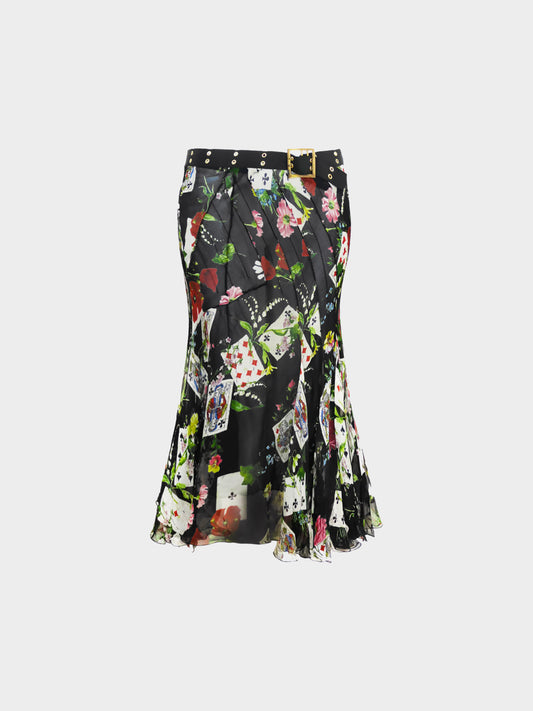 Christian Dior FW 2002 Black Cards and Floral Print Silk Skirt