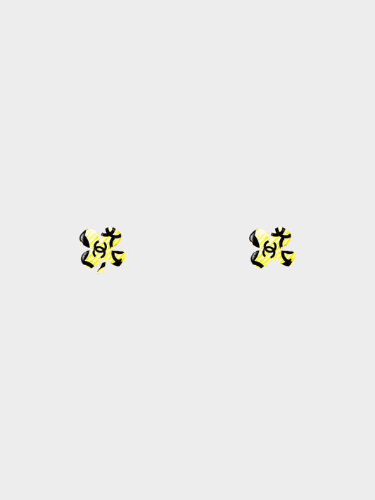 Chanel Spring 2002 Black and Yellow Four-Leaf Clover CC Stud Earrings