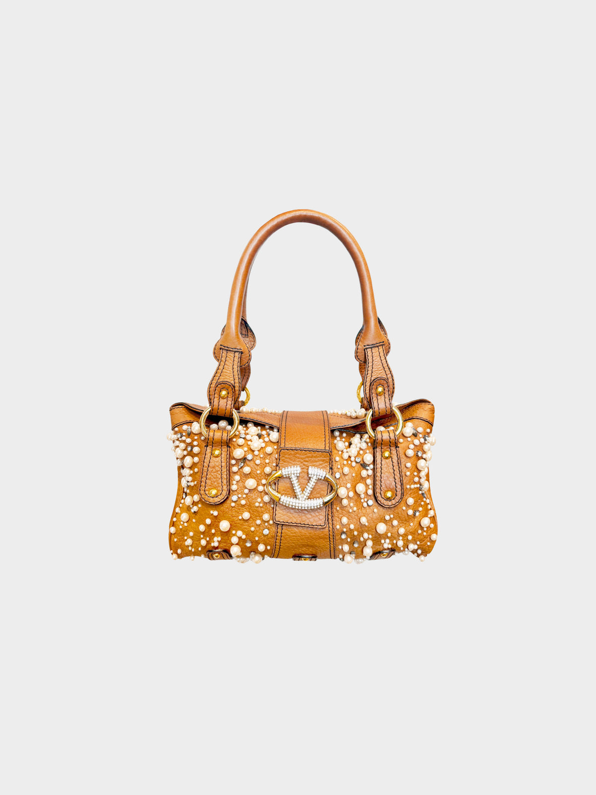 Valentino 2000s Brown Leather Pearl and Crystal Embellished Bag