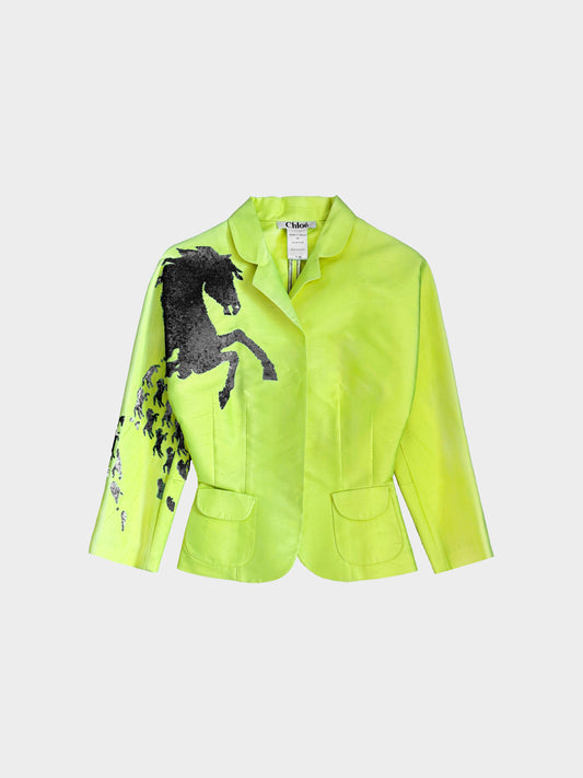 Chloé SS 2001 Neon Yellow Silk Jacket with Embroidered Horse