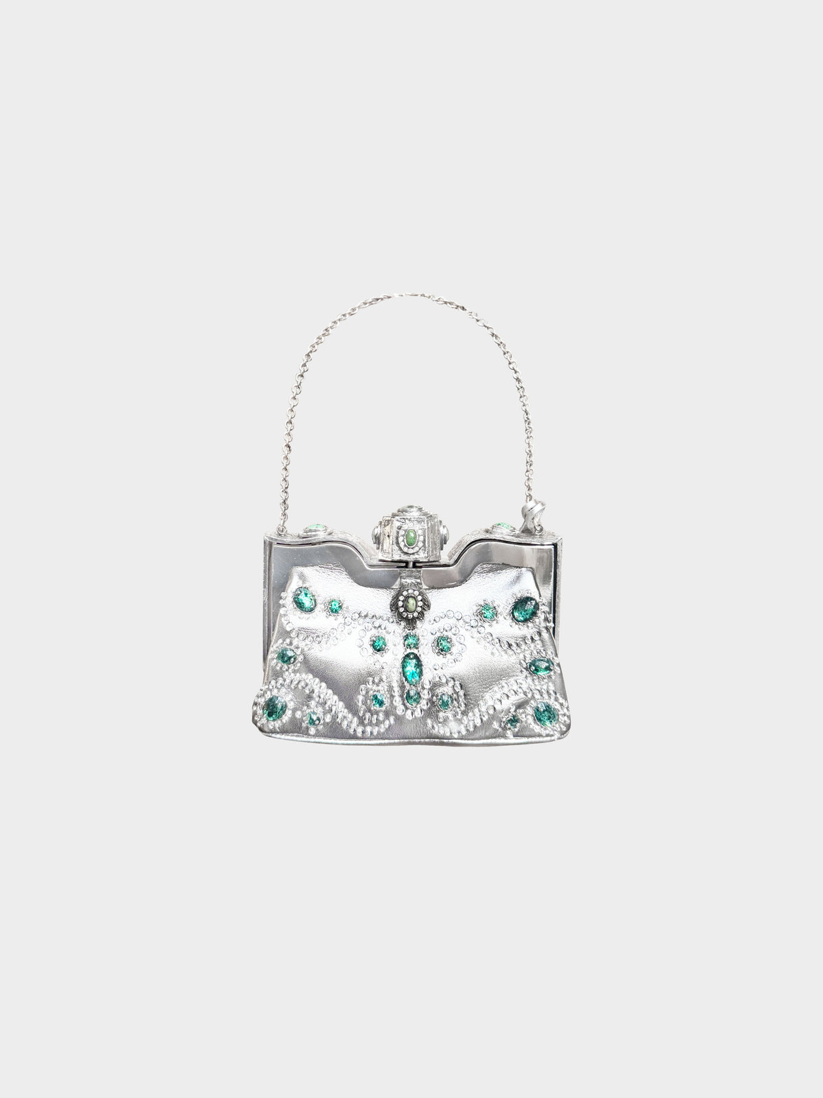 Valentino 1970s Runway  Metallic Silver Leather Jeweled Mini Evening Bag