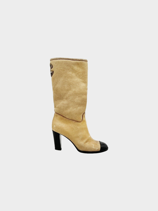 Chanel by Karl Lagerfeld 2005 Beige Suede and Shearling-lined CC Mid-calf Boots
