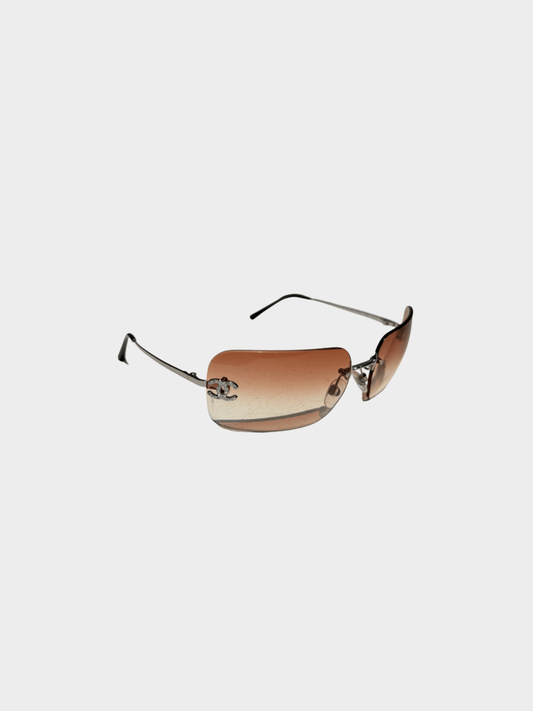 Chanel 2000s Brown Rhinestone CC Logo 4017-D Rimless Sunglasses