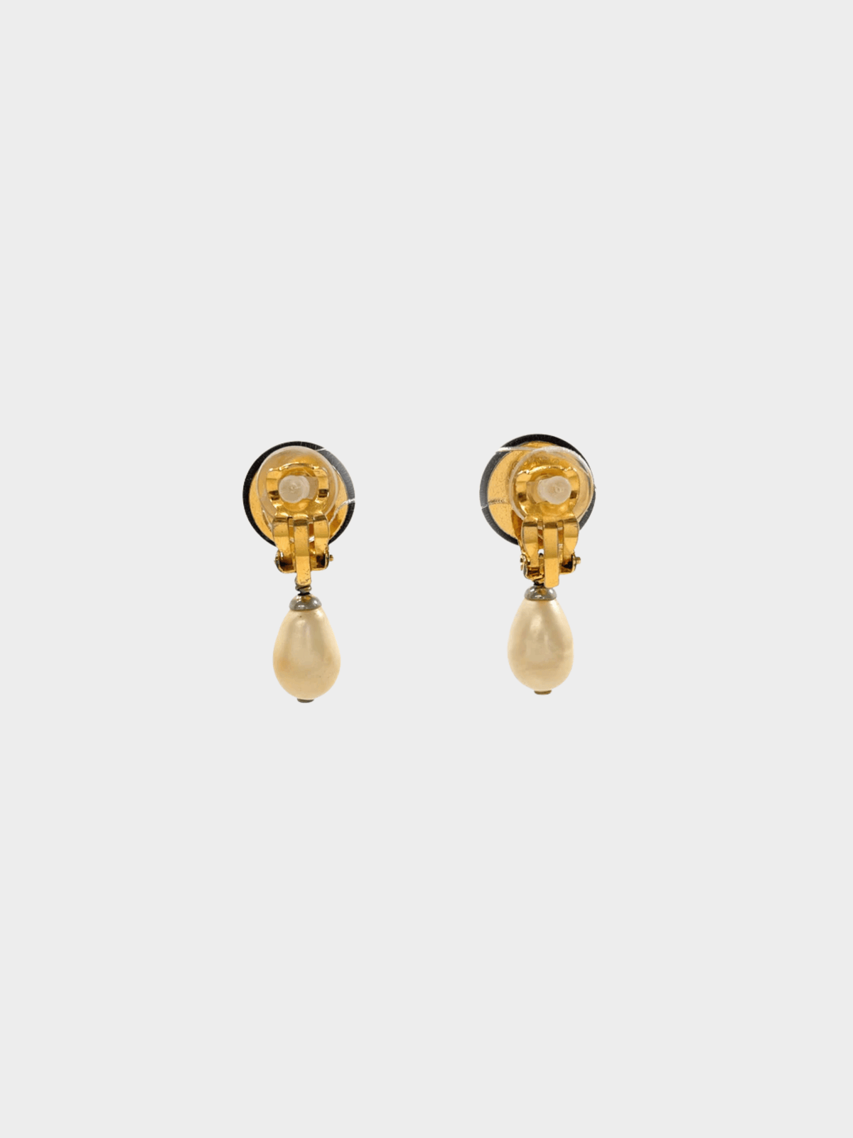 Chanel 1995 Black CC Logo Pearl Clip-on Earrings