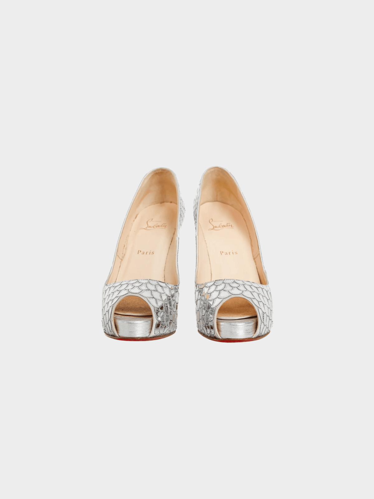 Christian Louboutin 2010s Poseidon 120 Crepe Silver Scale Peep-Toe Platform Pumps