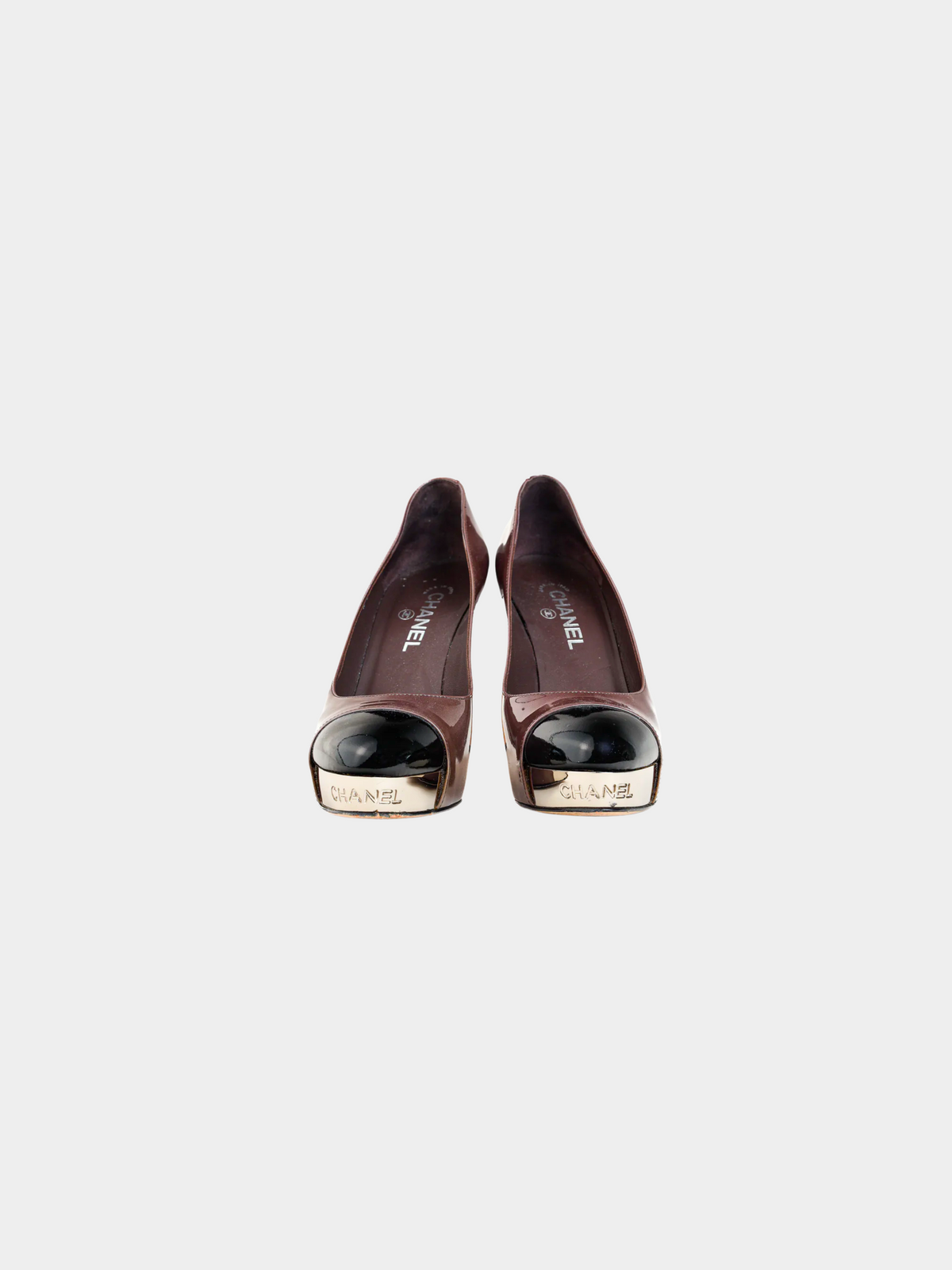 Chanel 2000s Brown Patent Leather Mirror Platform Pumps