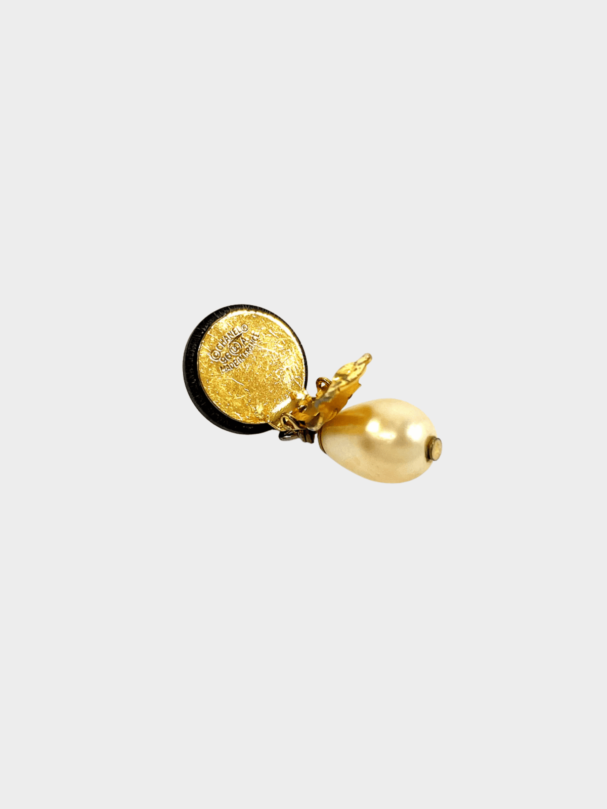 Chanel 1995 Black CC Logo Pearl Clip-on Earrings