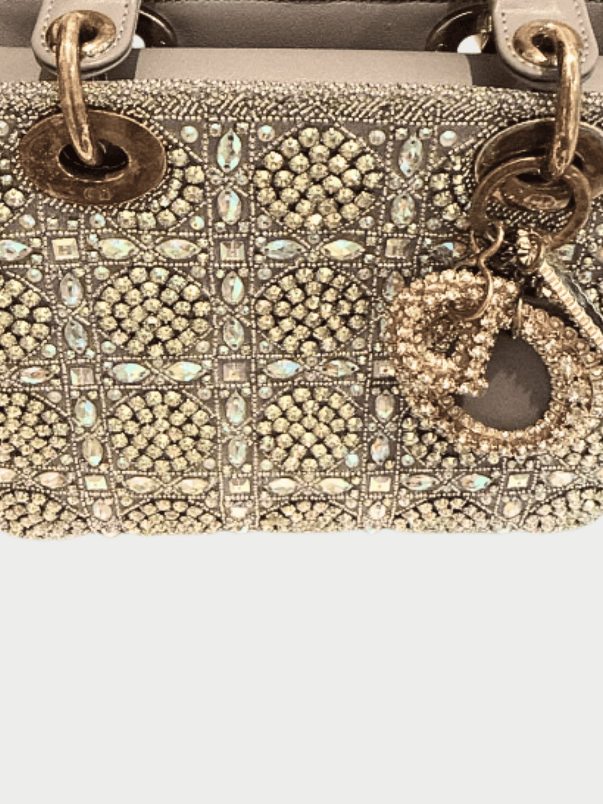 Christian Dior 2021 Light Grey Leather and Satin Crystal Embellished Cannage Small Lady Dior Tote