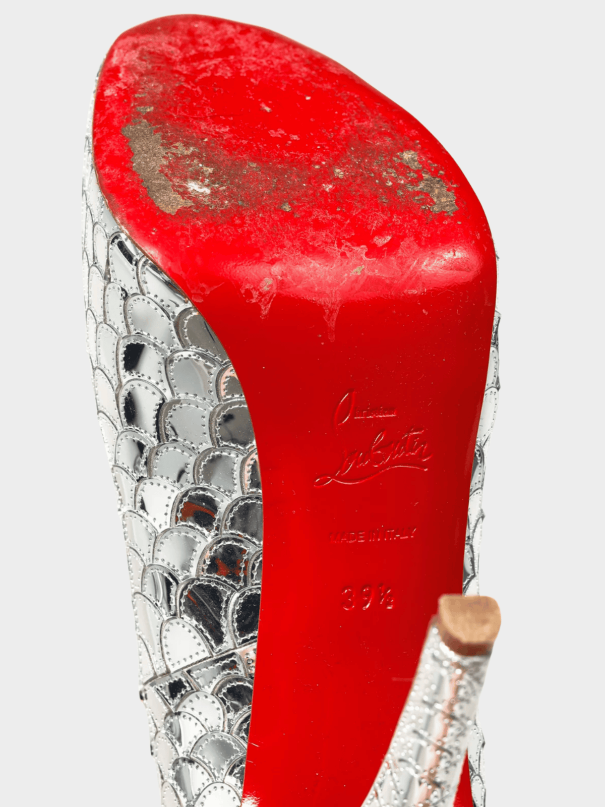 Christian Louboutin 2010s Poseidon 120 Crepe Silver Scale Peep-Toe Platform Pumps