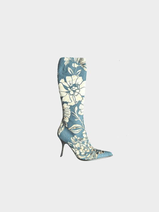 Roberto Cavalli SS 2002 Blue Floral Laser-Cut Denim Leopard Boots