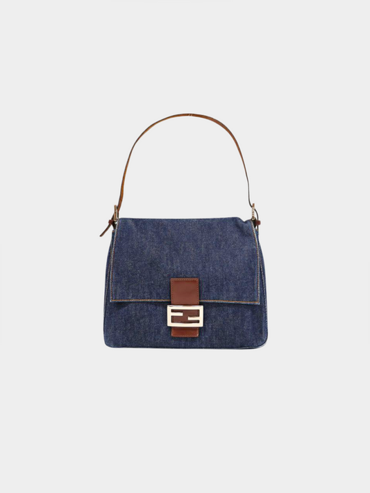 Fendi 2000s Blue Denim Mamma Baguette Bag