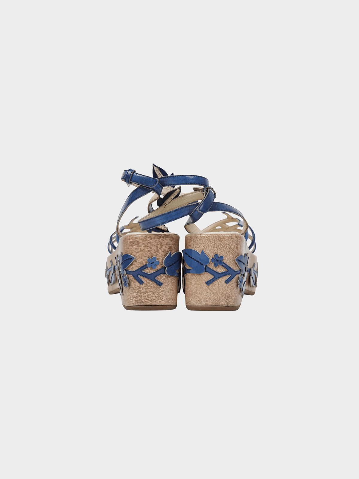 Prada SS 1997 Beige and Navy Vine Leaf Platform Sandals