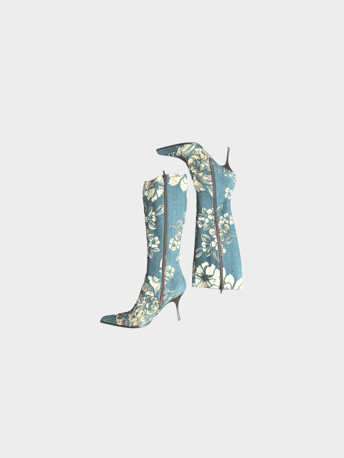Roberto Cavalli SS 2002 Blue Floral Laser-Cut Denim Leopard Boots