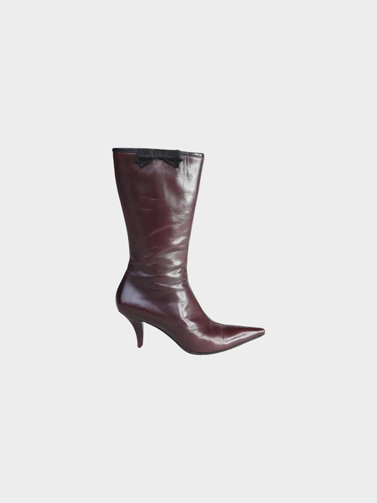 Miu Miu 2000s Burgundy Brown Leather Bow Boots