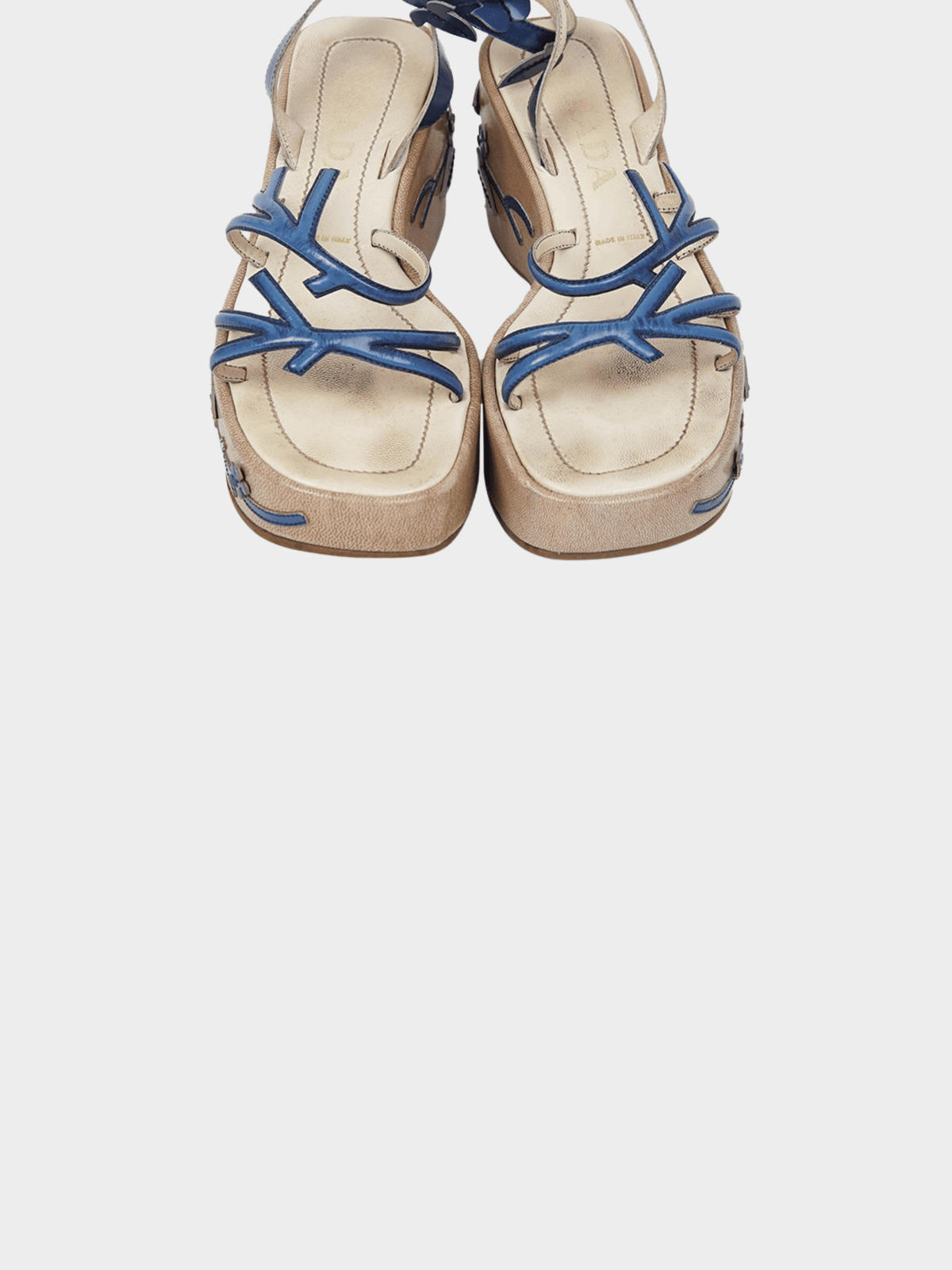 Prada SS 1997 Beige and Navy Vine Leaf Platform Sandals