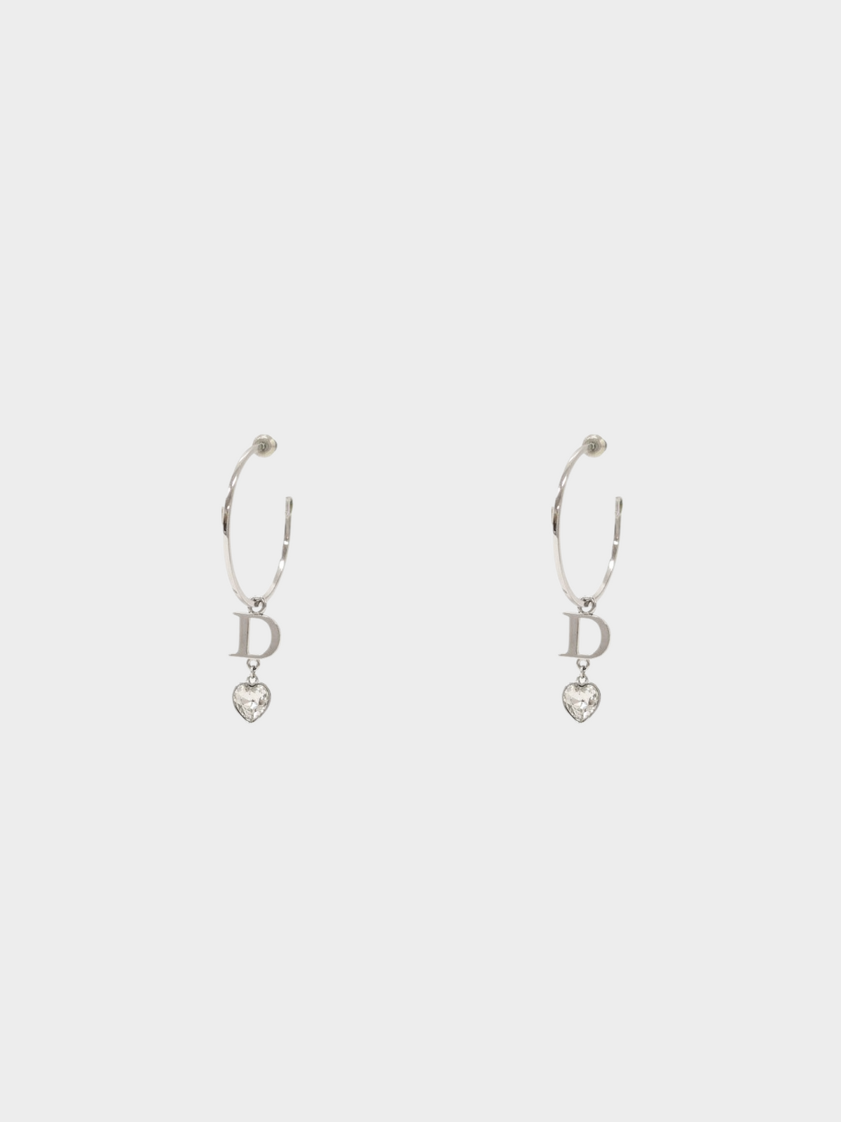 Christian Dior 2010s Silver Heart Rhinestone Hoop Earrings