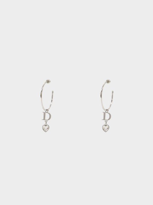 Christian Dior 2010s Silver Heart Rhinestone Hoop Earrings