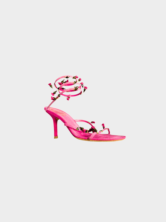 René Caovilla 2000s Pink Suede Wrap Around Floral Sandal Heels