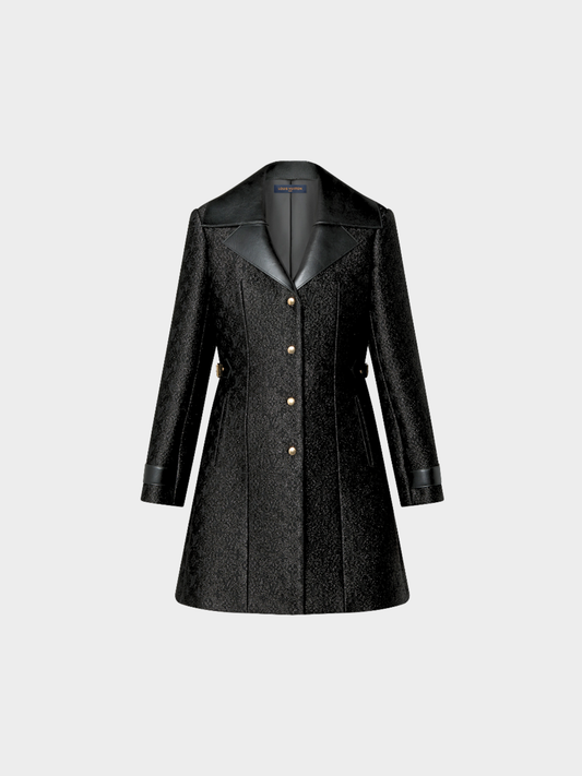 Louis Vuitton 2023 Black Monogram Wool Leather Insert A-Line Glitter Coat