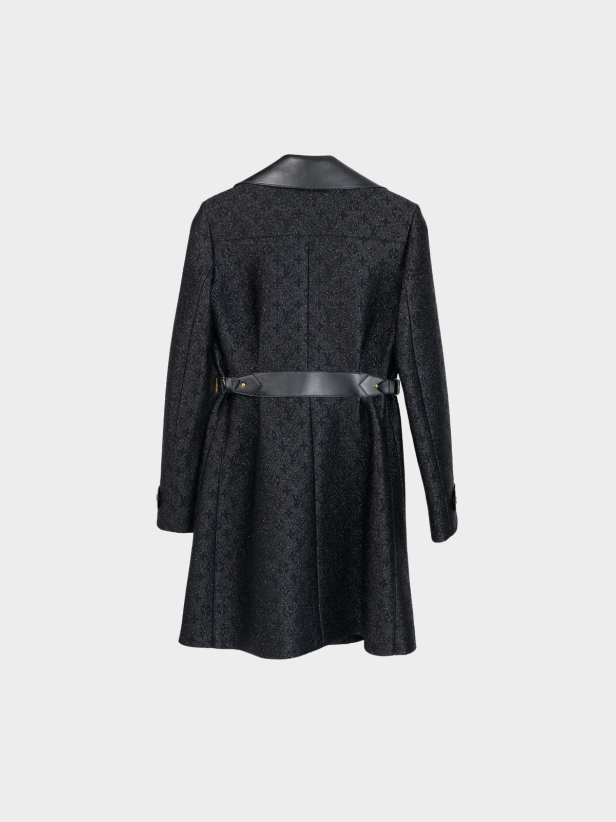 Louis Vuitton 2023 Black Monogram Wool Leather Insert A-Line Glitter Coat