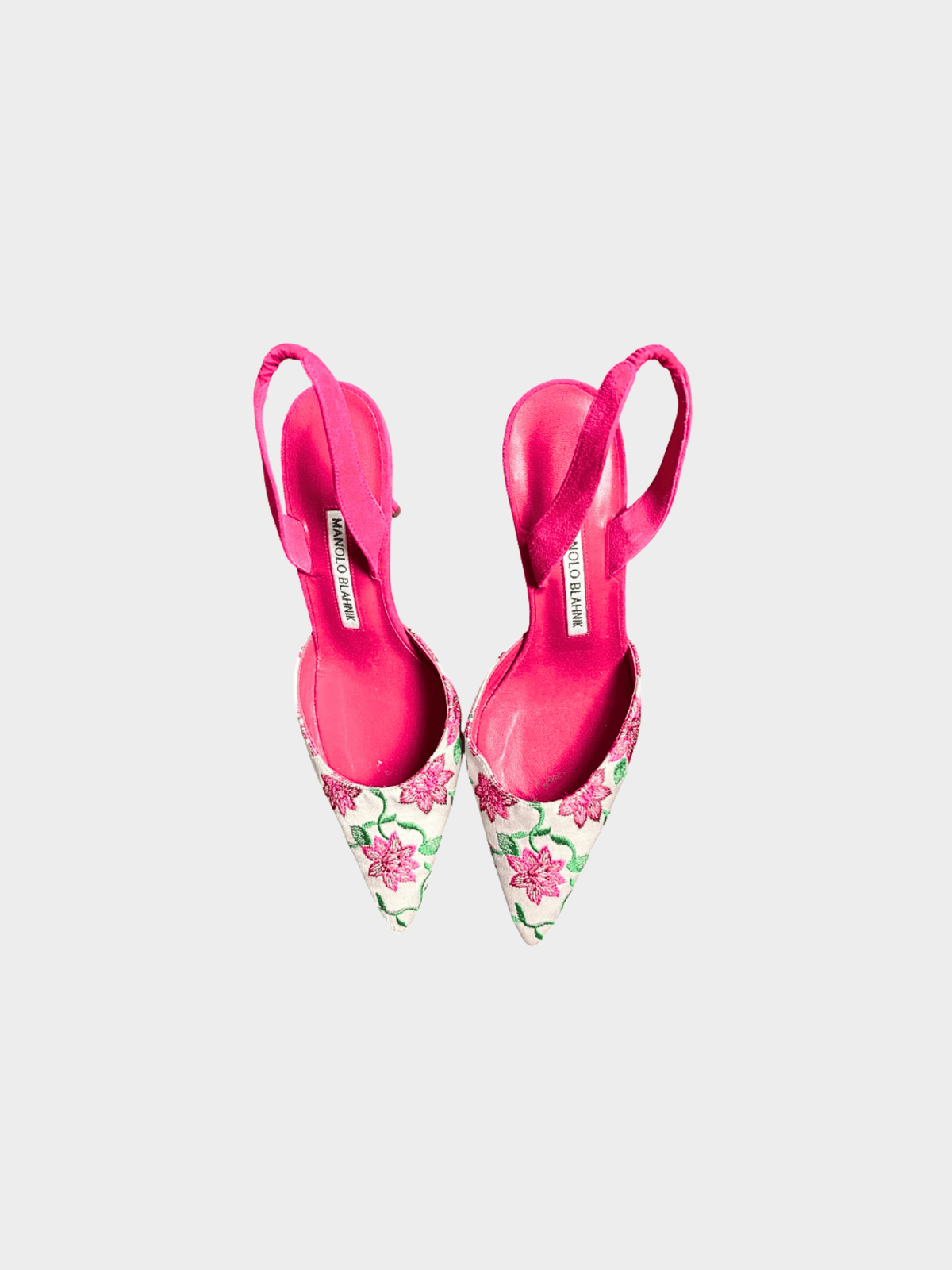 Manolo Blahnik 2000s Floral Pink Suede Slingback Heels