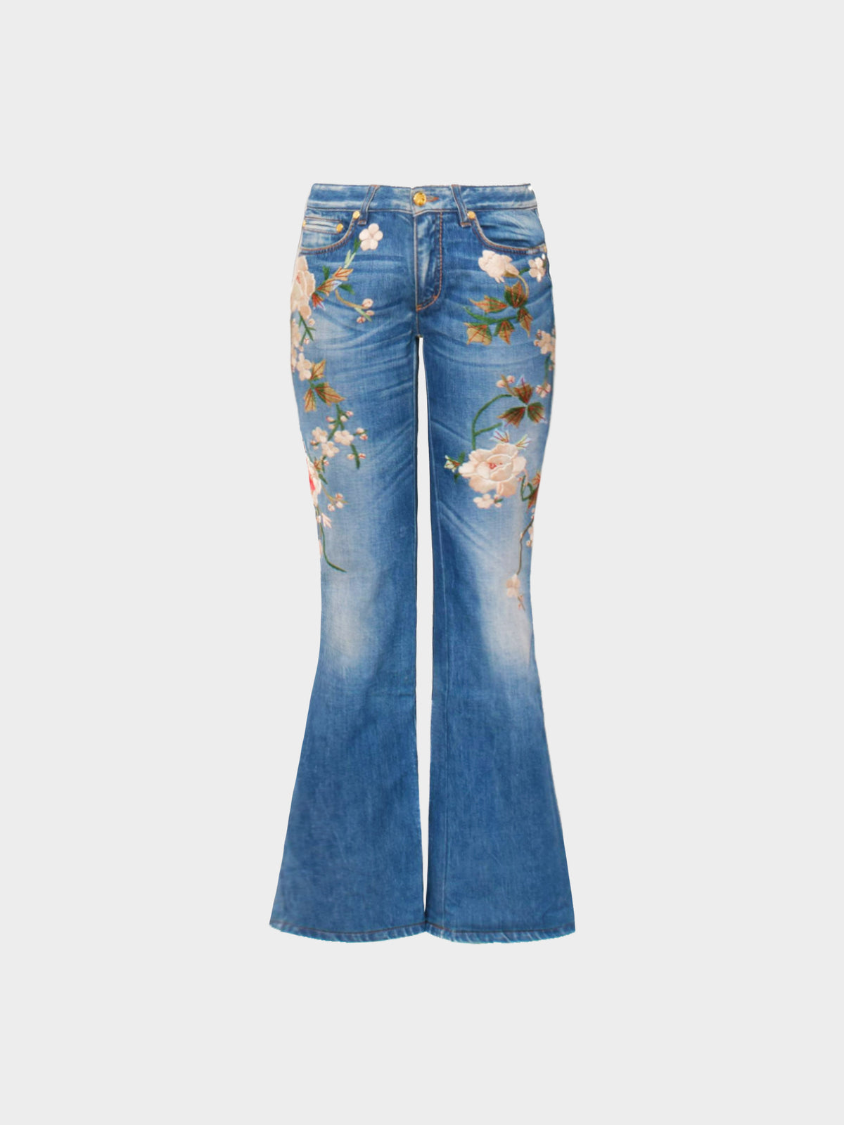 Roberto Cavalli 2002 Floral Embroidered Denim Jeans