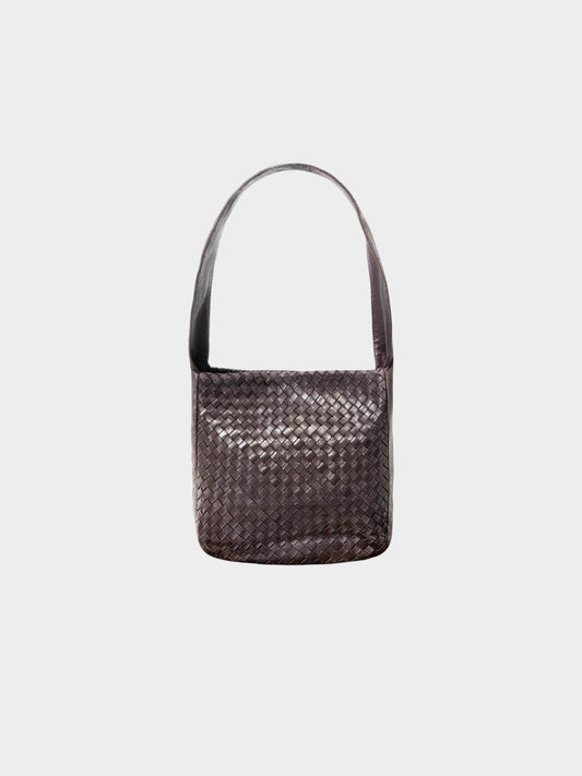 Bottega Veneta 2000s Dark Brown Intrecciato Leather Hobo Bag