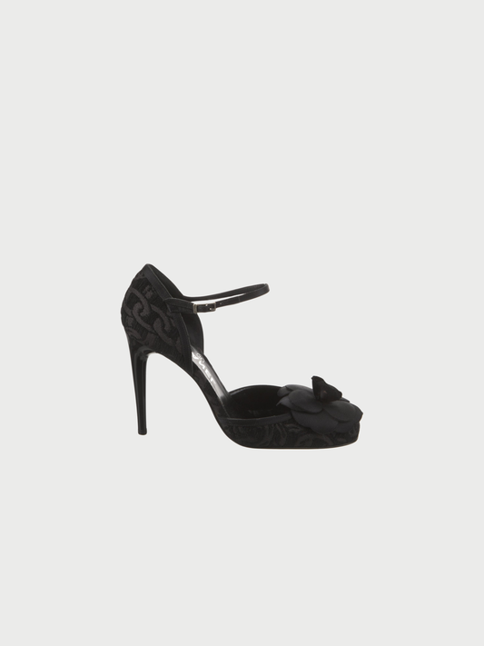 Chanel 2000s Black Satin Camellia Ankle Strap Sandals