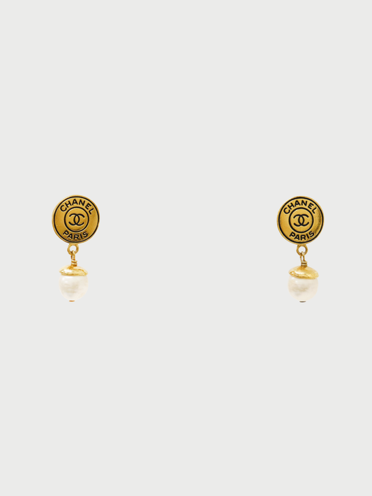 Chanel 1990s Gold Plated Metal Pearl COCO Drop Earrings