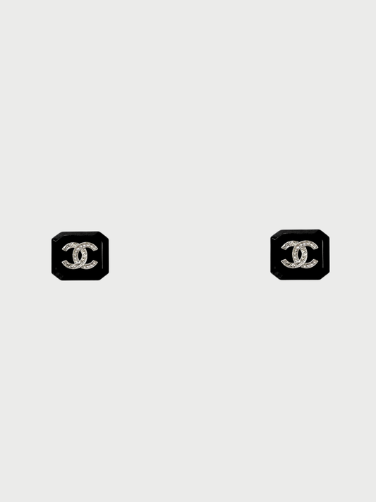 Chanel 2000s Black Gold COCO Rhinestone Earrings