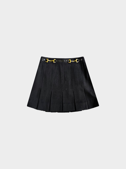 Celine 1990s Black Pleated Horsebit Mini Skirt