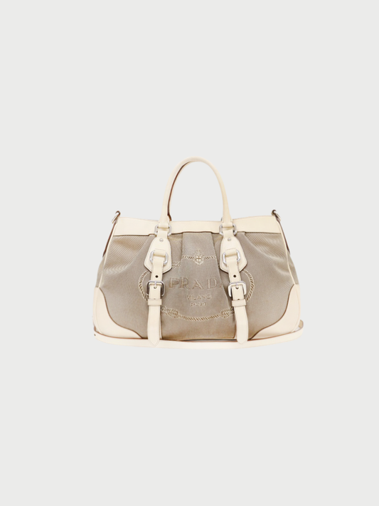 Prada 2000s Beige White Jacquard Leather Logo 2-Way Bag