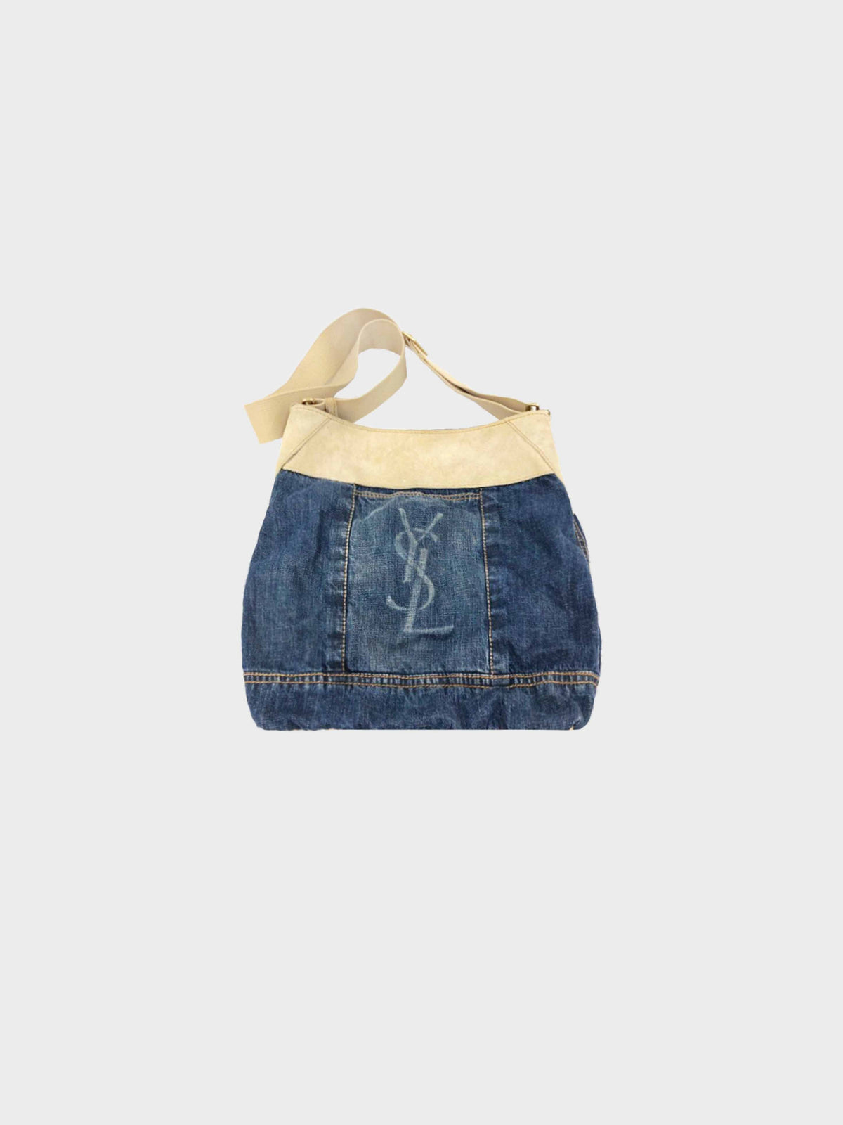 Yves Saint Laurent 1990s Denim and Beige Suede Shoulder Bag