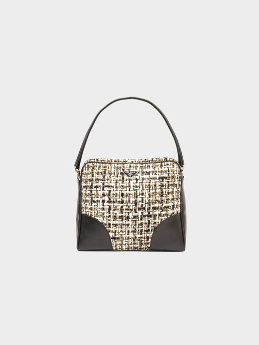Prada 2000s Black Multicolor Tweed Leather One-Shoulder Bag