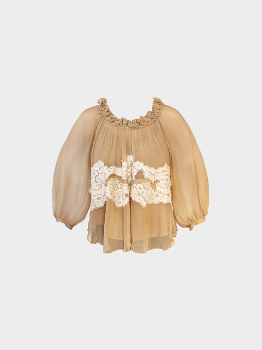 Chloé Resort 2016 Beige Silk Crepe and Lace Ruffled Sheer Blouse