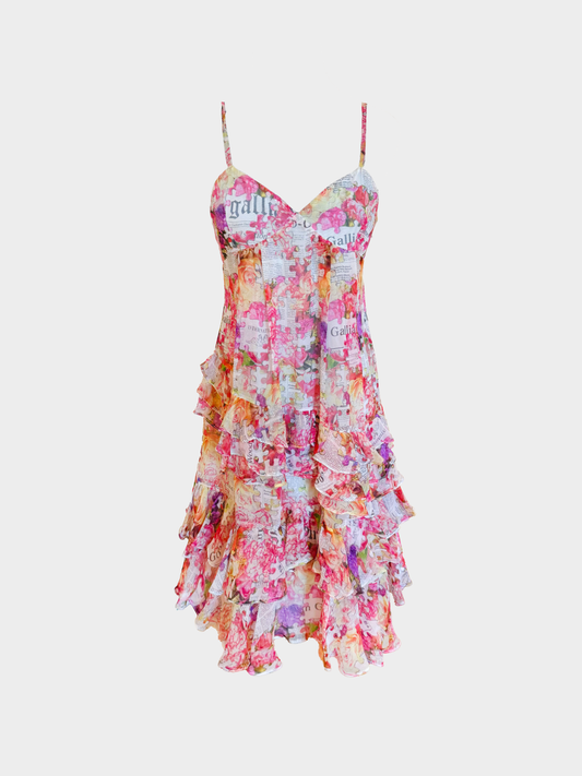 John Galliano 2000s Multicolor Gazette Newspaper Floral Print Ruffled Silk Mini Dress