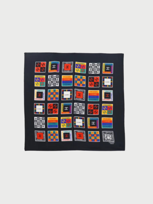 Chanel 2000s Black Multicolor Silk Pop Art Logo Scarf