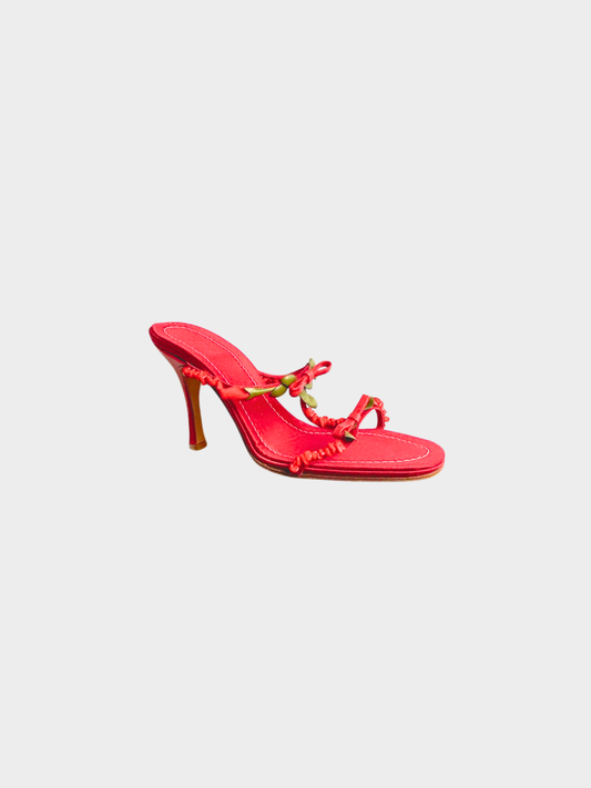 Valentino 2000s Red Satin Floral Heeled Sandals