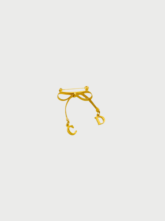 Christian Dior 2000s Gold Plated Metal CD Ribbon Brooch
