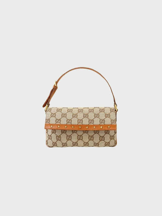 Gucci 2000s Beige Brown Canvas Leather GG Studs Shoulder Bag